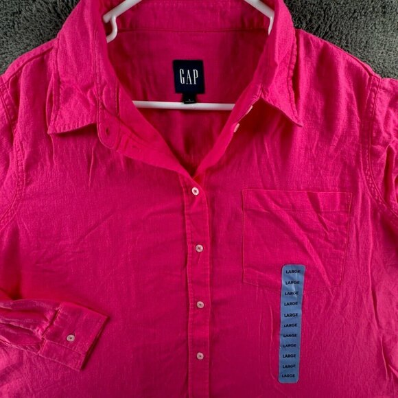 NWOT GAP Linen Rayon Blend Hot Pink Button Up Shirt Long Sleeve Large Ladies - Picture 1 of 12